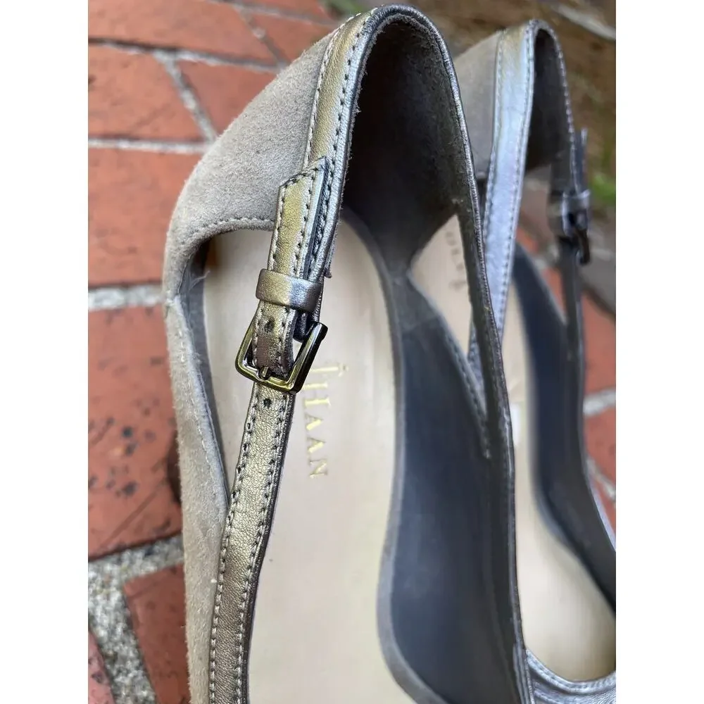 Cole Haan Slingback Peep Toe Pumps Sz 5B Taupe Suede Metallic Trim Block Heel
